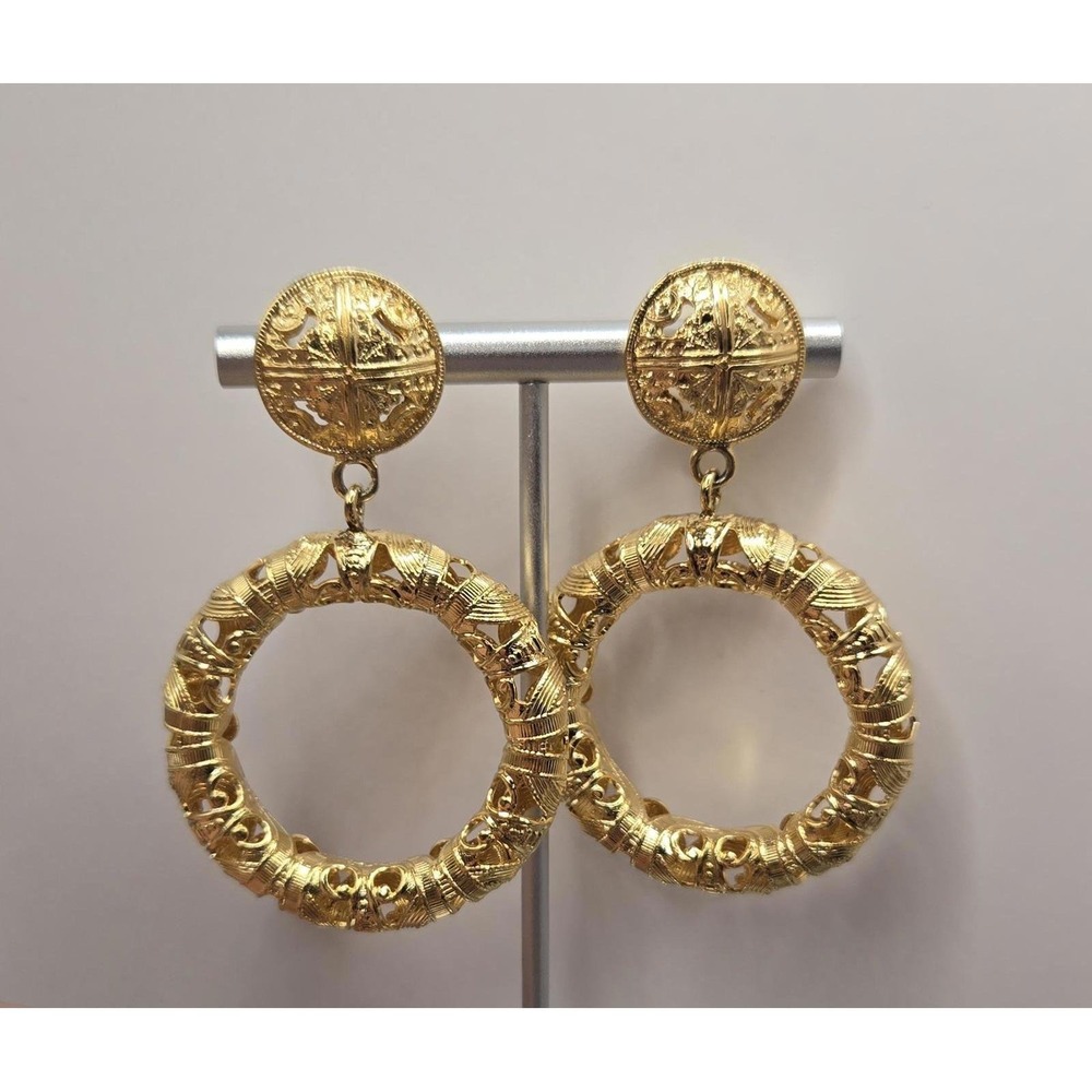 Monet Vintage 80s Goldtone Etruscan Cutout Hoop Door Knocker Statement Earrings